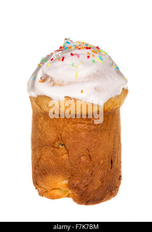 Easter cake with glace icing and easter eggs on white background Stock Photo