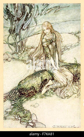 'He could see Undine beneath the crystal vault' from ‘Undine’ illustrated by Arthur Rackham (1867-1939). Undine is a popular German fairy tale by Friedrich de la Motte Fouqué (1777-1843), it is about a water spirit who marries a knight named Huldebrand in order to gain a soul. See description for more information. Stock Photo