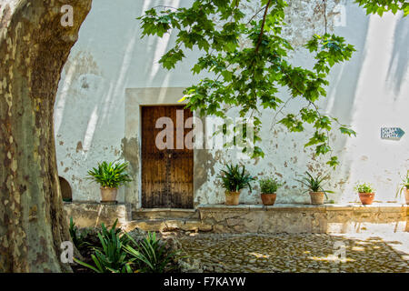 Jardines De Alfabia lone door framed by tree Stock Photo