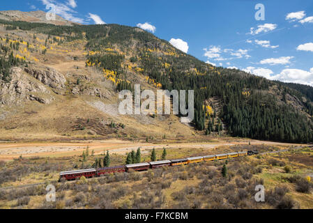 Durango & Silverton Narrow Gauge Railroad steam train along the Animas River in Southwest Colorado.