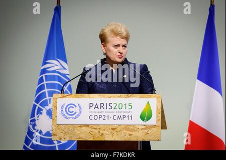 Le Bourget, France. 30th November, 2015. President of Brazil, Dilma Rousseff addresses the opening plenary session of the COP21, United Nations Climate Change Conference November 30, 2015 outside Paris in Le Bourget, France. Stock Photo