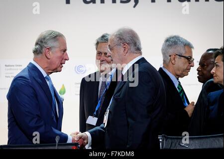 Le Bourget, France. 30th November, 2015. Prince Charles is welcomed to the plenary session of the COP21, United Nations Climate Change Conference on behalf of the United Kingdom November 30, 2015 outside Paris in Le Bourget, France. Stock Photo