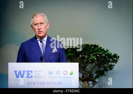 Le Bourget, France. 30th November, 2015. Prince Charles address the Forest Focus Day session of the COP21, United Nations Climate Change Conference on behalf of the United Kingdom December 1, 2015 outside Paris in Le Bourget, France. Stock Photo