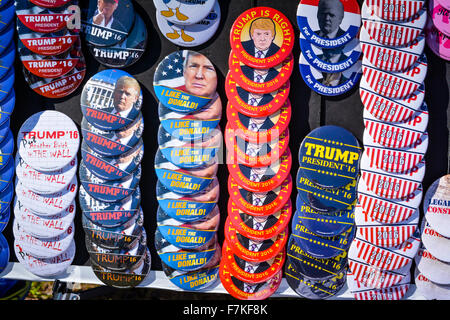Stacks and rows of colorful Political buttons & pins in supporter of GOP Republican Presidential candidate  Donald Trump