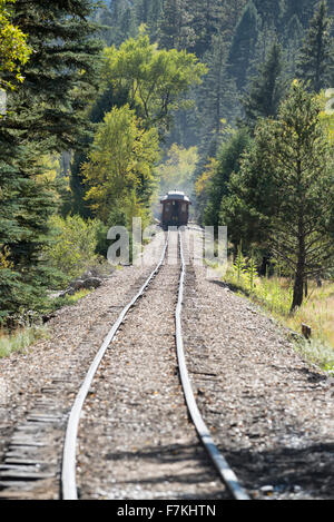 Rear of a Durango & Silverton Narrow Gauge Railroad steam train in the Animas River Canyon in Southwest Colorado.
