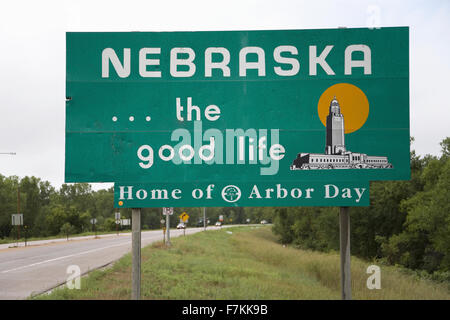 Welcoming sign to Nebraska...The good life, Nebraska state line Stock Photo