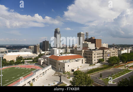 Aerial view of Omaha Nebraska skyline with view of Creighton University Morrison Football Stadium Stock Photo