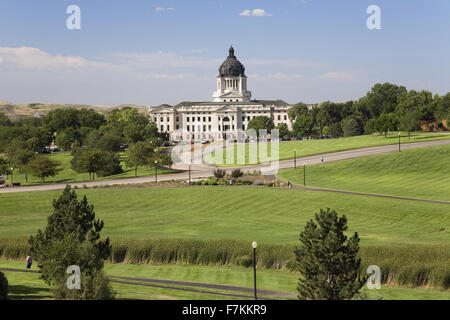 Green grass of park leading to South Dakota State Capitol and complex, Pierre, South Dakota Stock Photo