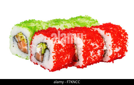 Tobiko Spicy Maki Sushi - Hot Roll with various type of Tobiko (flying fish roe) outside and salmon inside Stock Photo