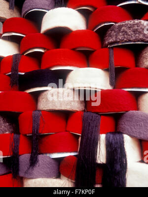 Hats on shelves in the Tunis souk. Tunis is the capitol city of Tunisia. North Africa. Stock Photo