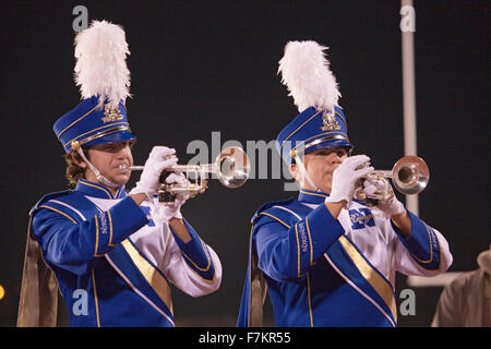 High school marching band trumpet players at halftime, where Ojai Nordhoff Rangers Football team defeats Verbum Dei Eagles 21-0 on November 19, 2010, Ojai, CA, USA Stock Photo