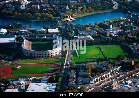 AERIAL VIEW of Soldiers Field, home of Harvard Crimson, Harvard, Cambridge, Boston, MA Stock Photo