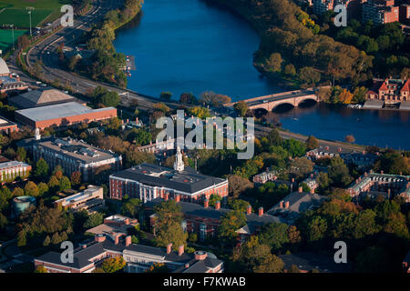 AERIAL VIEW of Cambridge and Anderson Memorial Bridge leading to Weld Boathouse, Harvard on Charles River, Cambridge, Boston, MA Stock Photo