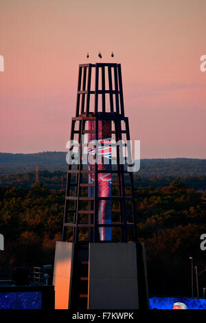 Gillette Stadium Tower at dusk,home of, New England Patriots, NFL Team play against Dallas Cowboys,October 16, 2011, Foxborough, Boston, MA Stock Photo