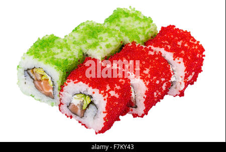 Tobiko Spicy Maki Sushi - Hot Roll with various type of Tobiko (flying fish roe) outside and salmon inside Stock Photo