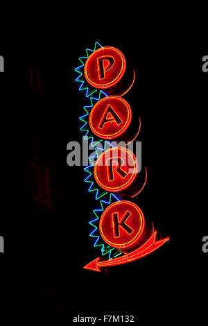 Neon sign saying 'Park' here, St. Louis, Mo. Stock Photo