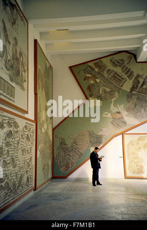 A man stands beneath a mosaic display at the Bardo Museum in Tunis. The Bardo, located in the suburbs of Tunis, is in itself, an Stock Photo