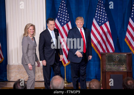 Mitt and Ann Romney and Donald Trump walk to podium where Trump will endorse Candidate Mitt Romney for President at the Trump International Hotel in Las Vegas on February 2, 2012 Stock Photo