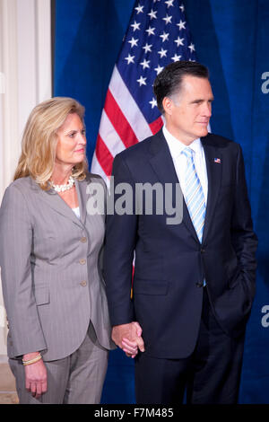 Republican presidential candidate Mitt and Ann Romney stand as Donald Trump endorsed Romney’s presidential bid Feb. 2, 2012, at the Trump International Hotel in Las Vegas. NV Stock Photo