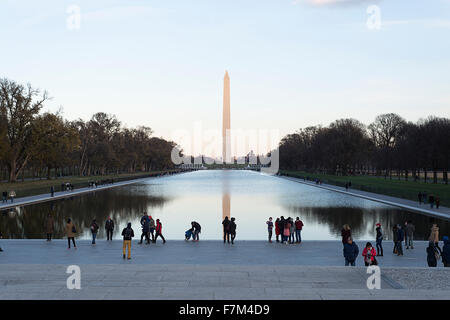 The Washington Monument and reflecting pool in Washington DC as viewed from the Lincoln Memorial.