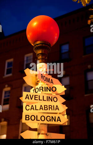 Road signs pointing to famous Italian towns and cities, historic North End, the Italian section of Boston Ma. Stock Photo