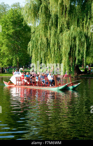 Tourists ride on historic Swan Boat with tourists in Boston Public Garden, Boston, Ma., New England, USA Stock Photo
