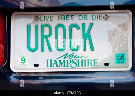 New Hampshire license plate reading 'U ROCK', New Hapshire Stock Photo