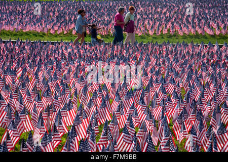People walk through 20,000 American Flags that, are displayed for every resident of Massachusetts who died in a war over the past 100 years, Boston Common, Boston, MA, Memorial Day, 2012 Stock Photo