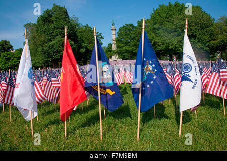 Armed Services Flags are in front of 20,000 American Flags are displayed for every resident of Massachusetts who died in a war over the past 100 years, Boston Common, Boston, MA, Memorial Day, 2012 Stock Photo