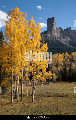 Chimney Peak, Aspens Colors and Courthouse Mountains in the Uncompahgre National Forest, Colorado Stock Photo