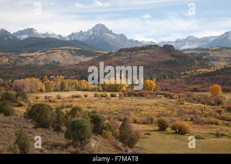 Valley view of San Juan Mountains looking toward Telluride Colorado, near Ridgeway, CO Stock Photo