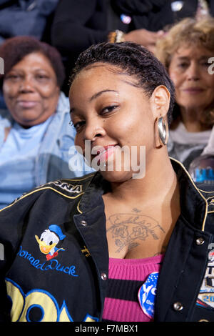 Smiling African American woman smiles at President Obama Campaign Rally, October 24, 2012, Doolittle Park, Las Vegas, Nevada Stock Photo