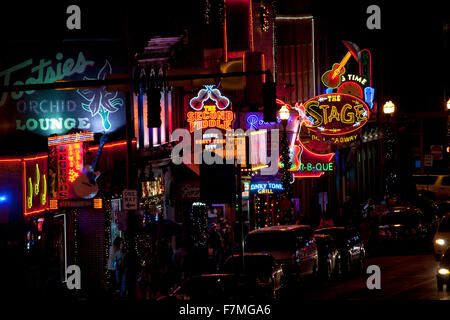 Neon Signs on Lower Broadway Area, Nashville, Tennessee, USA Stock Photo