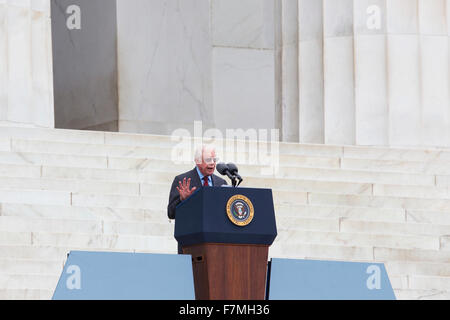 Former US President Jimmy Carter delivers remarks during the 'Let Freedom Ring' commemoration event, at the Lincoln Memorial August 28, 2013 in Washington, DC., an event commemorating the 50th anniversary of Dr. Martin Luther King Jr.'s 'I Have a Dream' speech and the March on Washington. Stock Photo