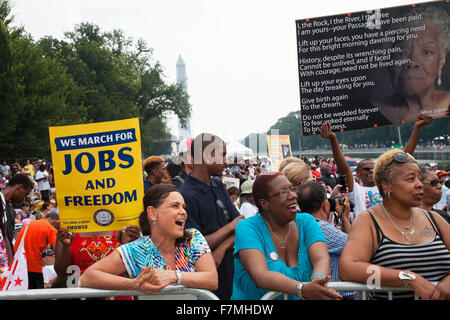 Audiences on the National Mall listen to Presidential speeches at the Let Freedom Ring ceremony at the Lincoln Memorial August 28, 2013 in Washington, DC, commemorating the 50th anniversary of Dr. Martin Luther King Jr.'s 'I Have a Dream' speech. Stock Photo