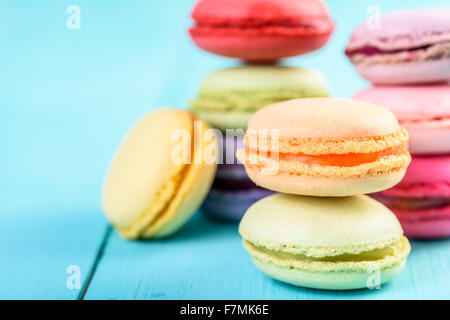French Macaroons On Blue Background Stock Photo