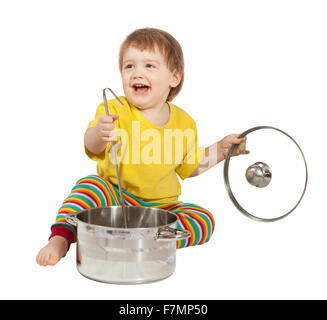 Baby cook with  pan. Isolated over white background Stock Photo