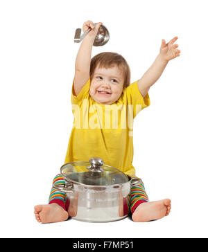 Baby cook with  pan. Isolated over white background with shade Stock Photo