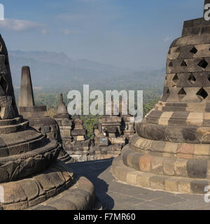 Borobudur temple complex on the island of Java in Indonesia in the morning at sunrise Stock Photo