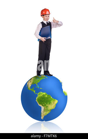Little boy stands on the big earth. Stock Photo