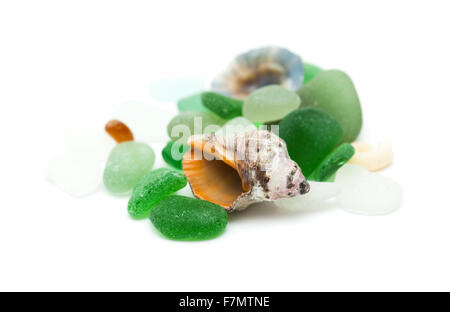 sea glass pieces and shells isolated on white Stock Photo