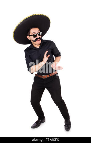 Funny man wearing mexican sombrero hat isolated on white Stock Photo