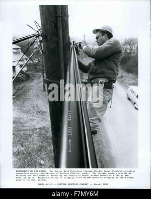 1978 - Footprints On The Cable. New Jersey Bell Telephone lineman Charles Lange tightens grounding connection during installation of Western Electric cable. The footage numbers provide an accurate and easy means of measuring any length of cable, either before or after it has been installed. Western Electric IS shipping about 80,000 miles of footprinted cable every year to the Bell System. © Keystone Pictures USA/ZUMAPRESS.com/Alamy Live News Stock Photo