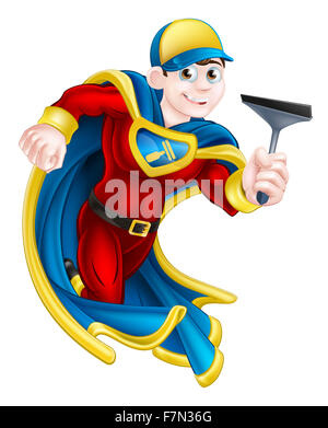 Cartoon window cleaner or car wash man super hero mascot holding a squeegee Stock Photo