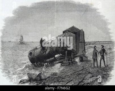 Railway accident at Granton, near Edinburgh.  The engine on the beach.  From a photograph by Truefitts, Edinburgh. 1860 Stock Photo