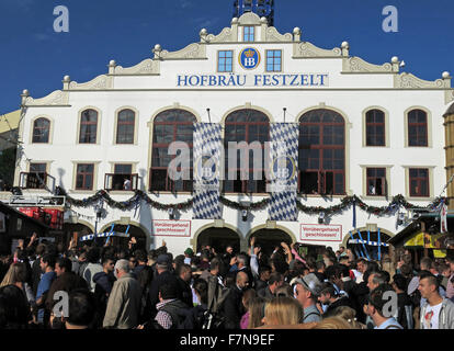 Munich Oktoberfest in Germany  Volksfest beer festival and travelling funfair, Hofbrau Festzelt Stock Photo