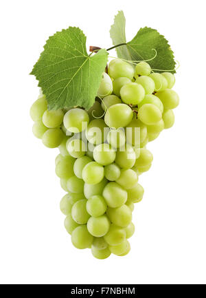 Fresh green grapes with leaves. Isolated on white Stock Photo