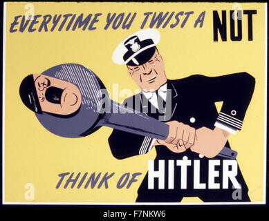 1943 World War II, American propaganda poster: navy officer twisting Hitler's head with a wrench Stock Photo