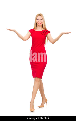 Blond woman in scarlet dress isolated on white Stock Photo