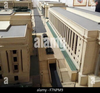 1941 model of the proposed Birmingham Civic Centre, designed by William Haywood. This grand civic centre was proposed for Birmingham, England. Only the Hall of Memory and part of Baskerville House were built. In 1926, the city council organised an open competition for the new layout of the Civic Centre. approved in 1936 and construction began in 1938. Stock Photo